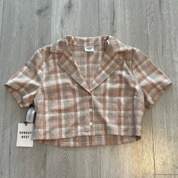 Sunday Best Tops - Aritzia Sunday Best Tuesday Shirt - Plaid Cropped Short Sleeve Top